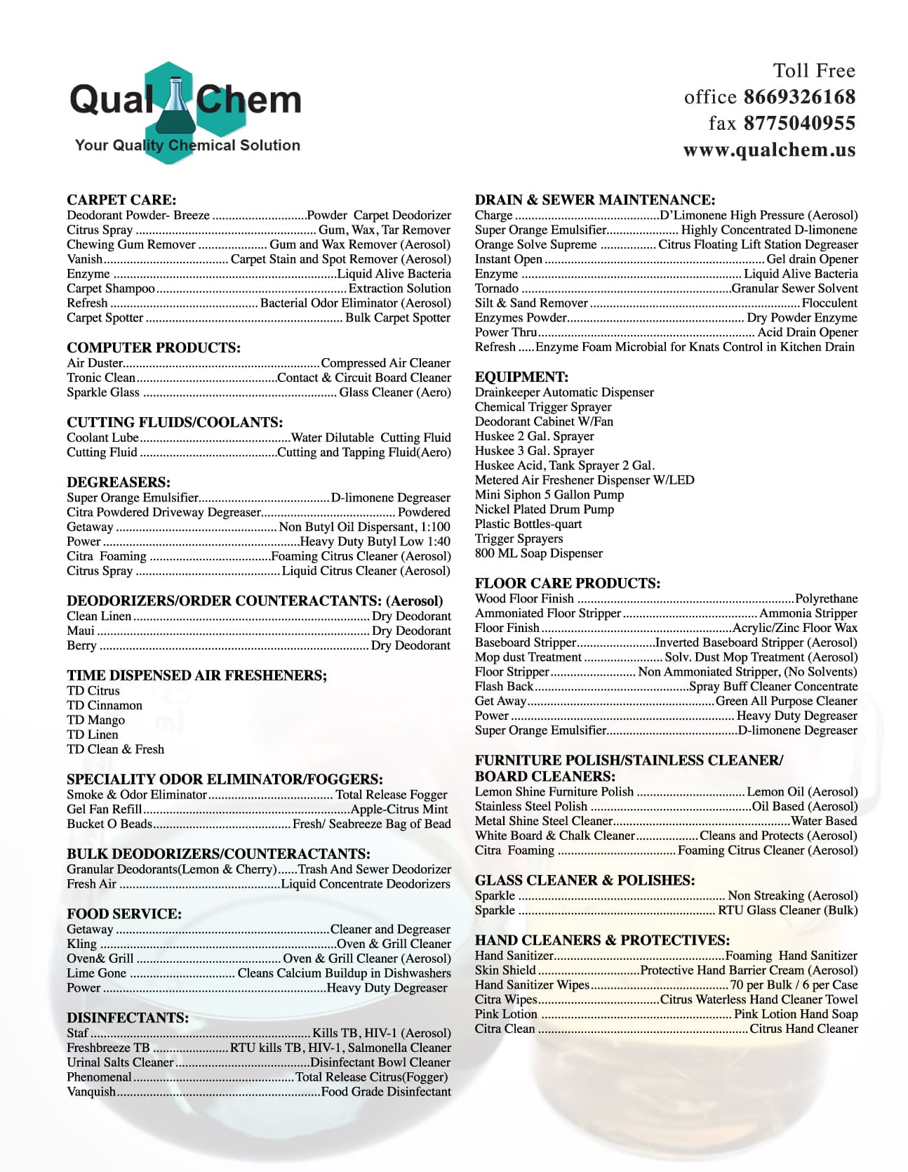 QualChem line card, front